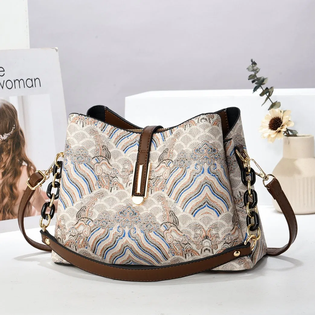 Bolsa Balde Jacquard com Ondas Abençoadas em Estilo Chinês, Luxo Leve para o Dia a Dia, Uso Manual, Ombro e Transversal, Bolsa Feminina de Duplo Uso
