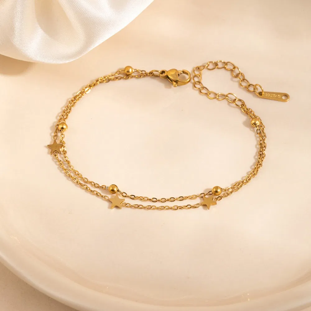 Jóias de Moda Vintage Pulseiras de Coração e Estrela com Corrente de Duas Camadas em Aço Inoxidável para Mulheres, Presente de Jóias