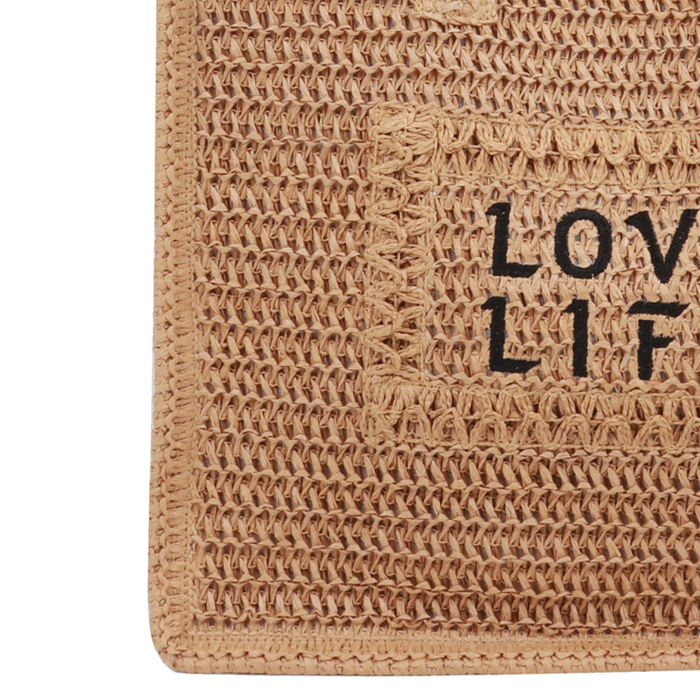 Bolsa de Praia de Papel Ráfia Natural Bordada com Letras Pretas Estilo Casual para Compras de Verão Feminina em Poliéster