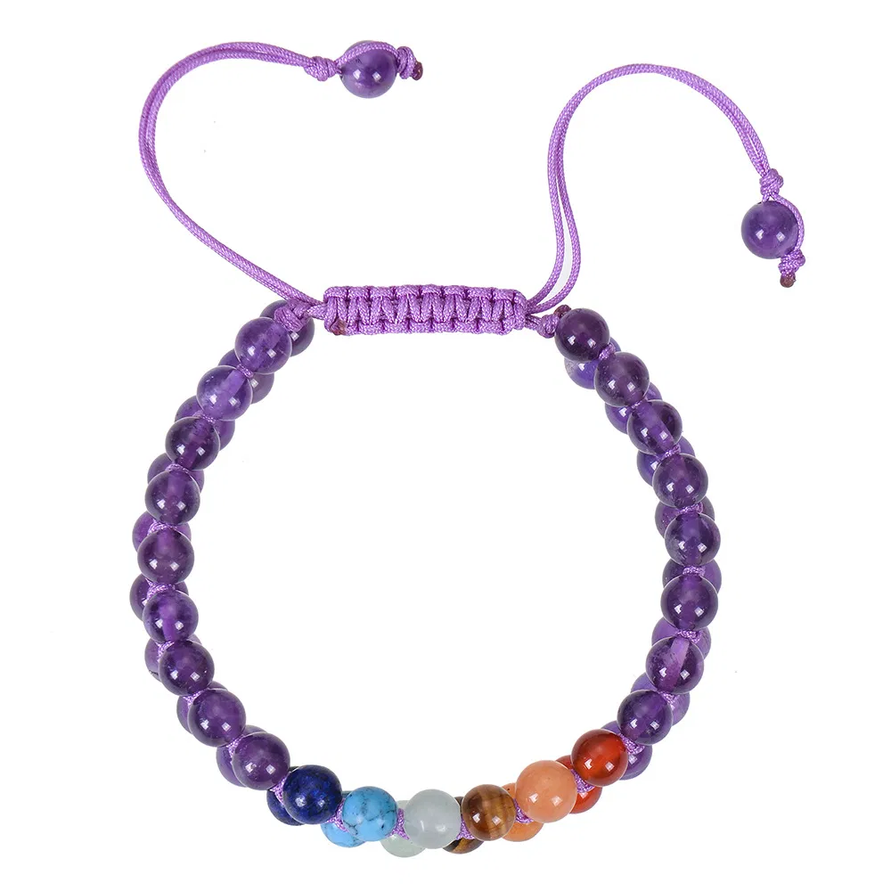 Pulseiras de Camadas Duplas de Pedra Bruta de Cristal Ametista Personalizadas e Feitas à Mão 6mm