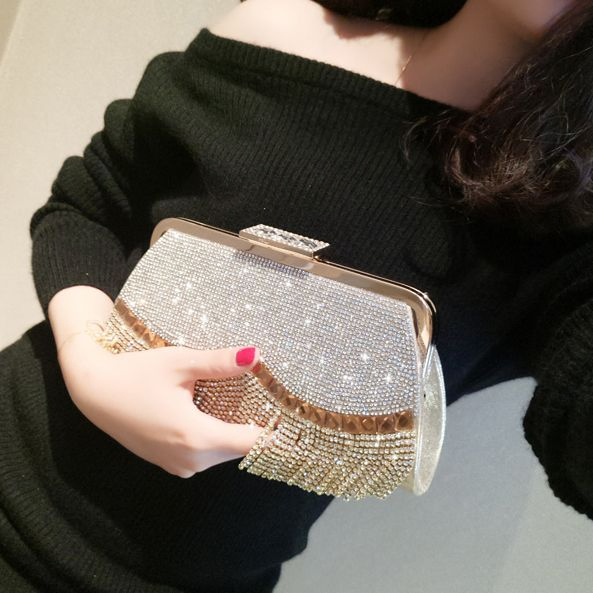 Bolso de mano de cristal hecho a mano con cuentas de oro personalizadas, perlas, diamantes, flecos, strass, para damas, fiesta, mayorista, elegante, dinero, noche