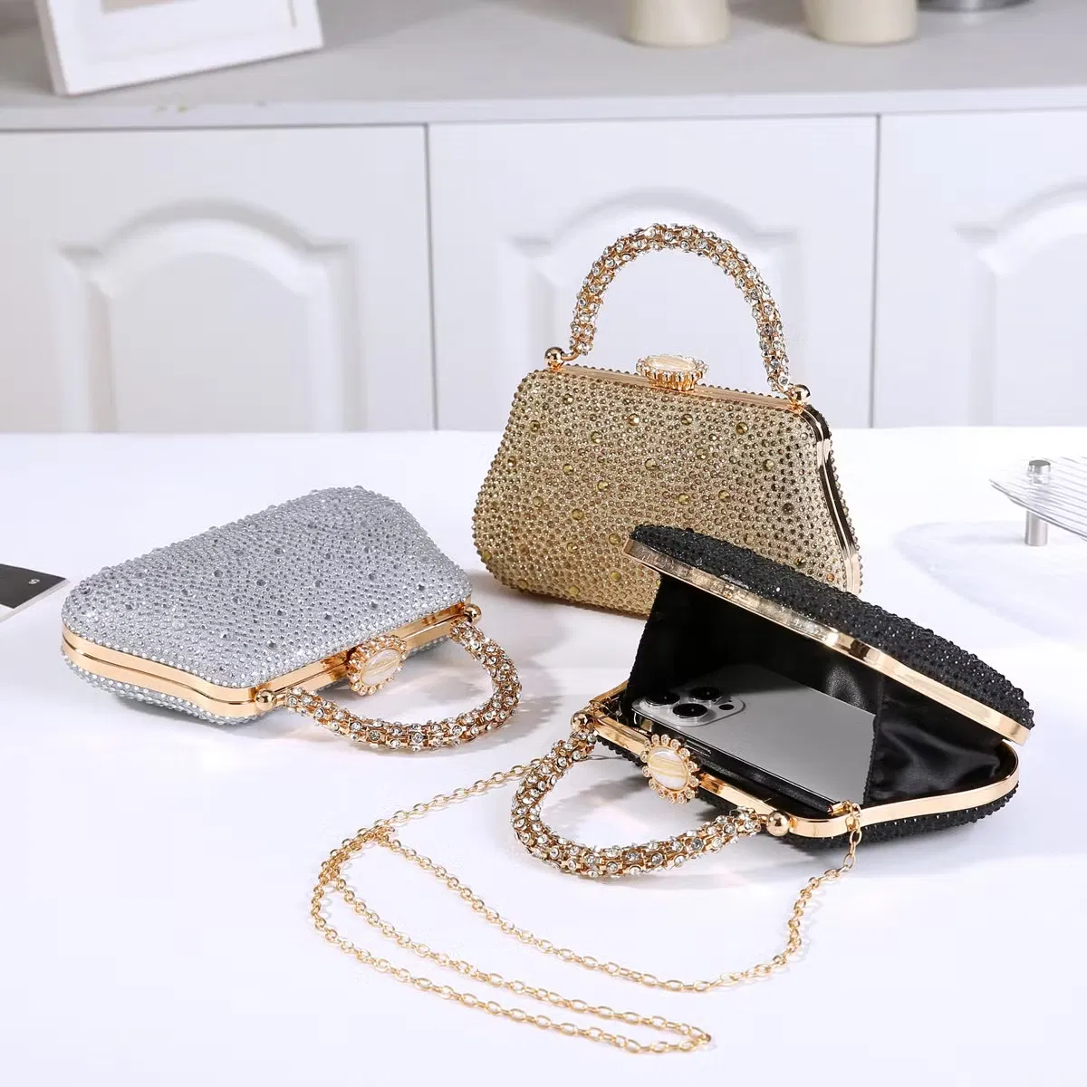 Elegante bolso de mano pequeño de lujo con estampado en caliente y diamantes