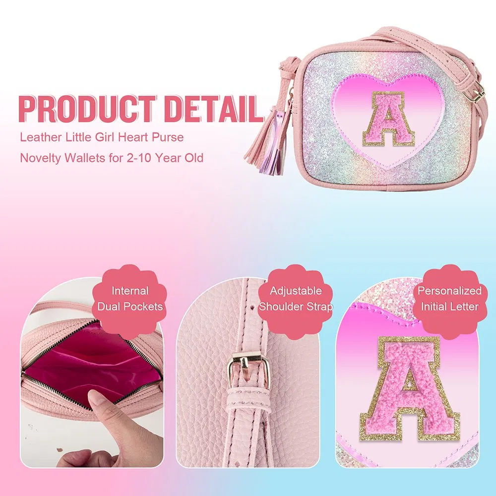 Linda pequeña bolsa cruzada de hombro con inicial, cartera en forma de corazón para niñas