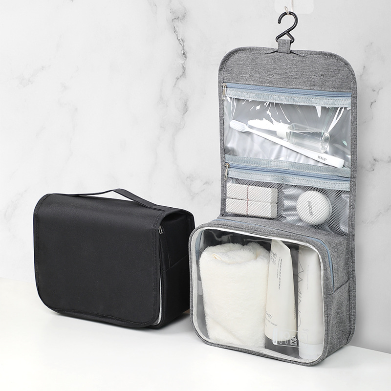Bolsa de maquillaje de viaje impermeable para mujeres, estuche de tocador con pouch de PVC interior / estuche negro