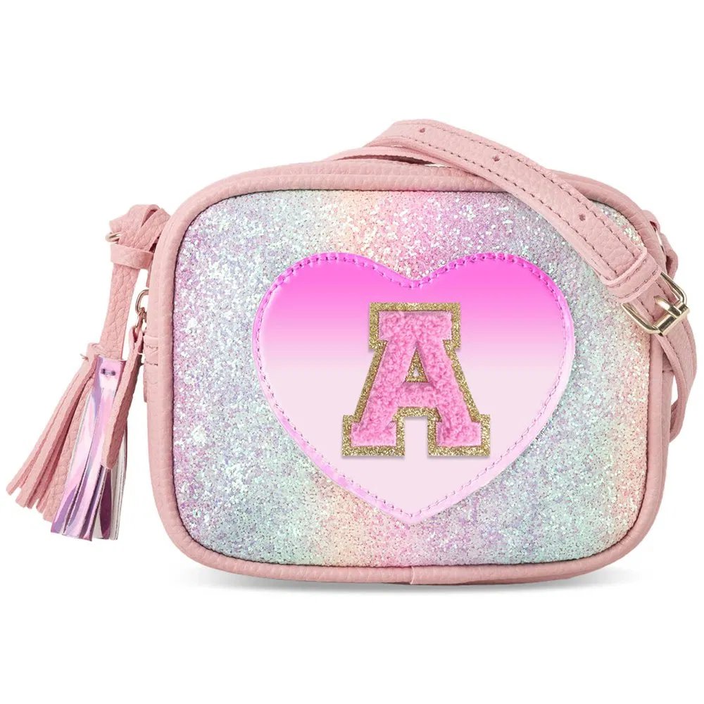 Linda pequeña bolsa cruzada de hombro con inicial, cartera en forma de corazón para niñas