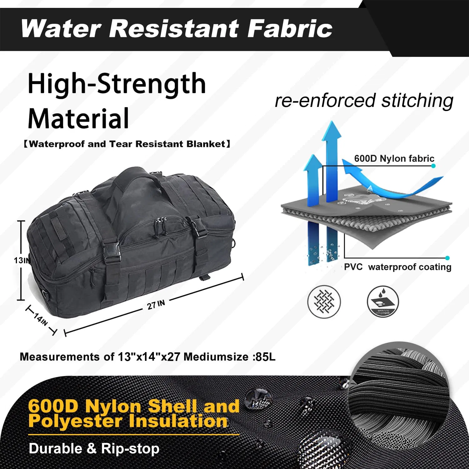 3 en 1 Mochila Táctica de Viaje Bolsa de Duffle para Fin de Semana Gimnasio Viaje Entrenamiento Despliegue