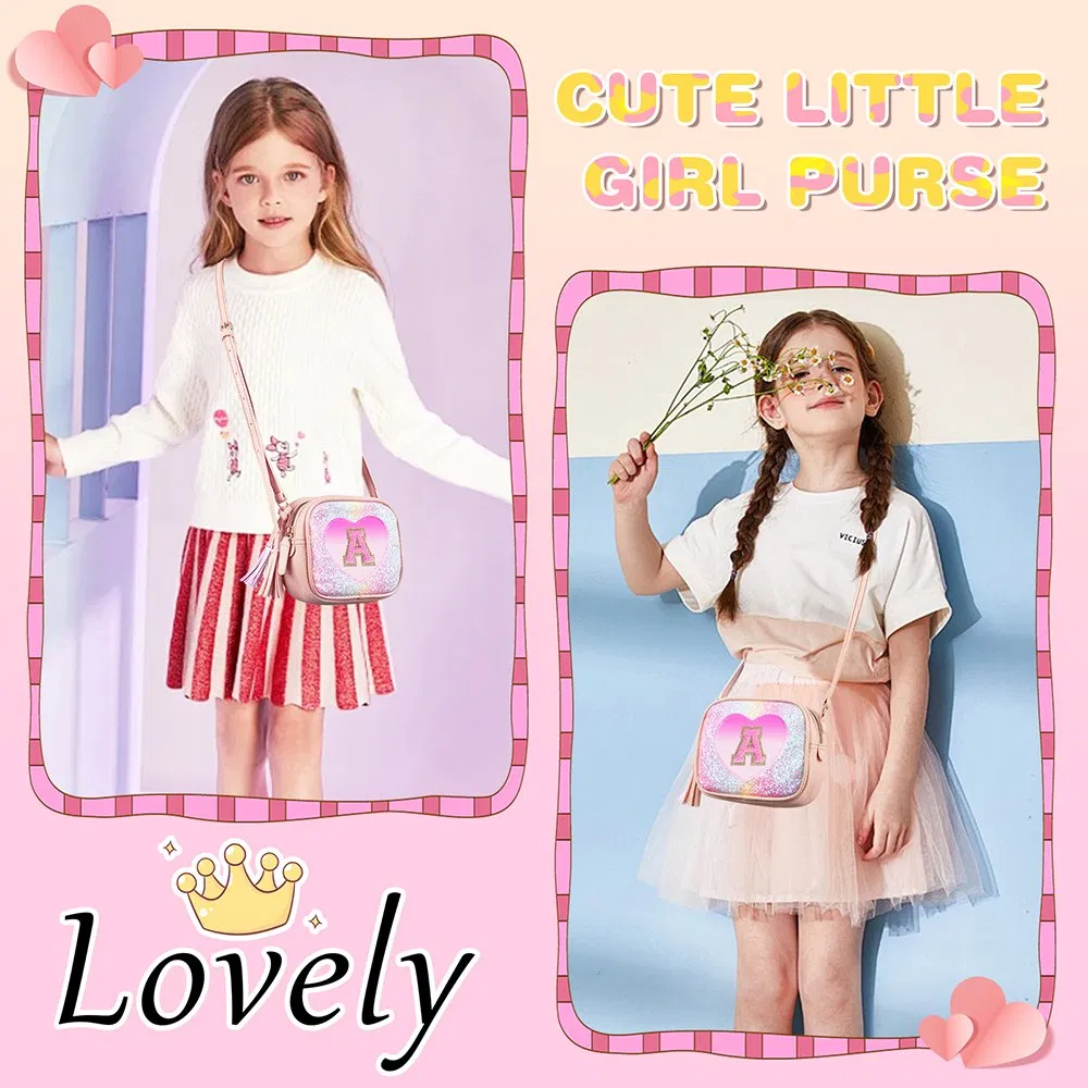 Linda pequeña bolsa cruzada de hombro con inicial, cartera en forma de corazón para niñas