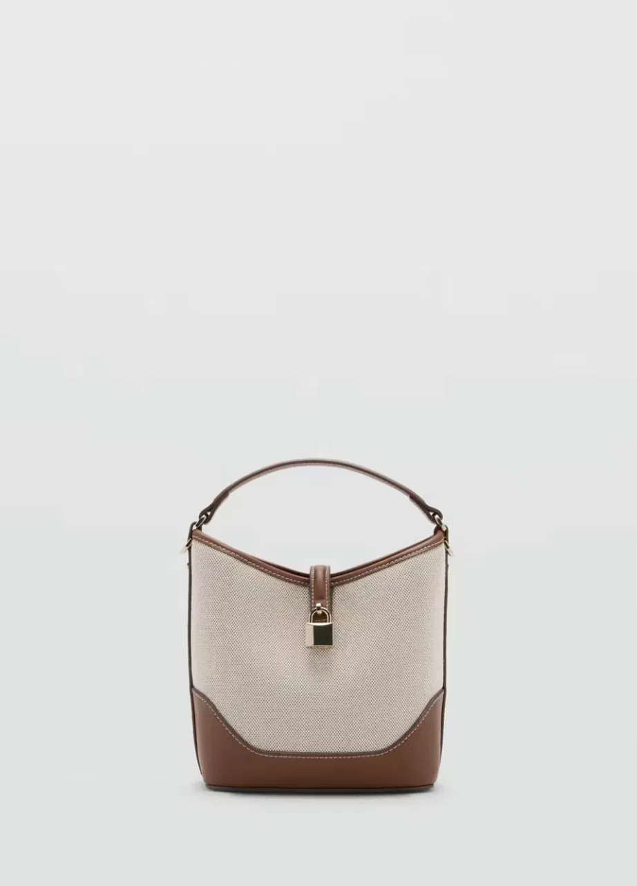 Mujer Diseñadora de Hombro Mensajero Pecho Diseño Bicolor Tote Moda Lona y Cuero PU Bolso Cubo Bandolera con Detalle de Candado en Tono Dorado