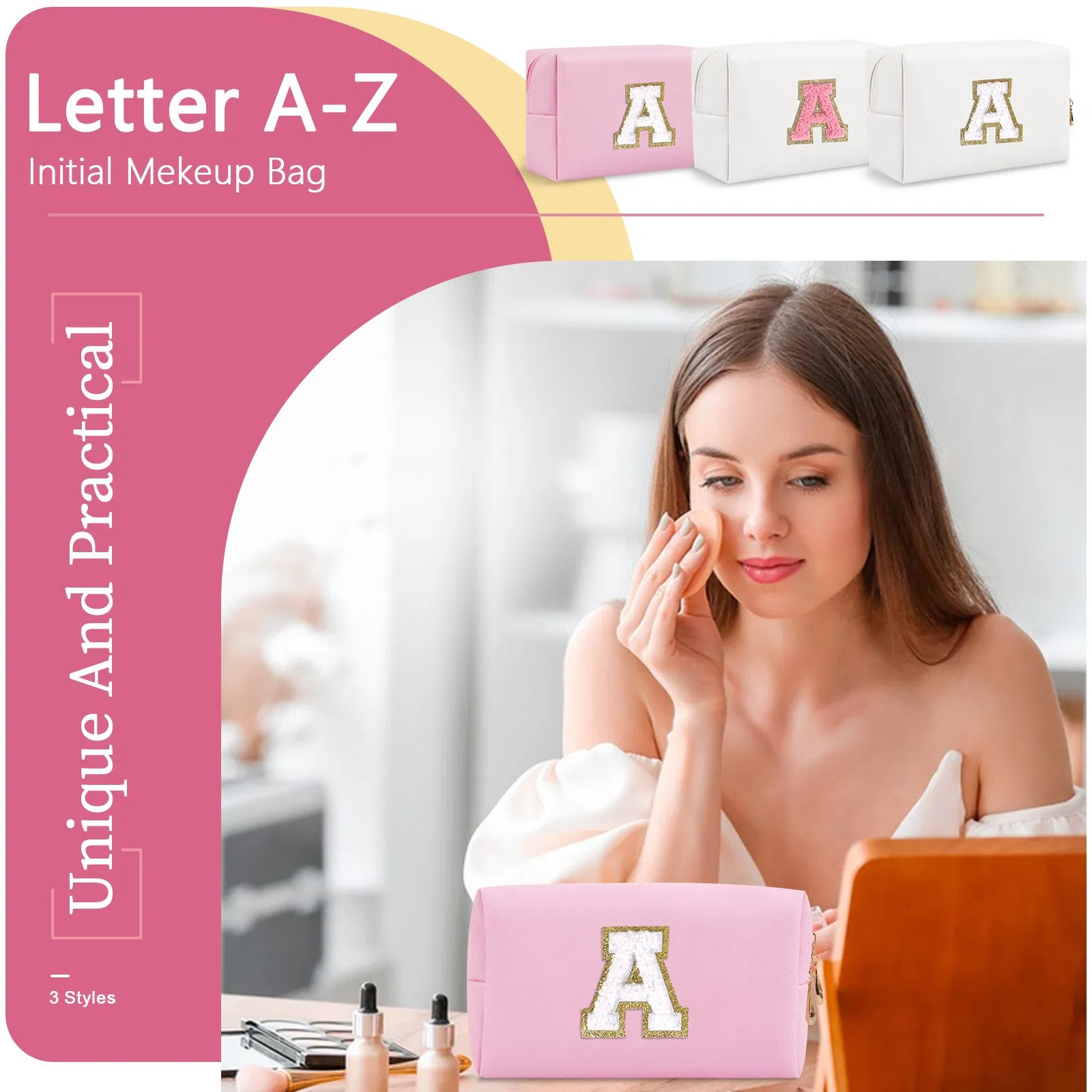 Pouch de cosméticos inicial personalizado para viajes, bolsa de maquillaje para mujeres y niñas