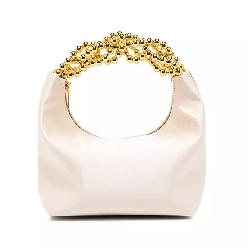 Venta Directa de Fábrica Bolso de Mano Personalizado para Damas Clutches de Mujeres Material de Satén Verde Brillo Asa de Perlas Doradas Bolsa de Noche y Bolso de Mano para Mujeres