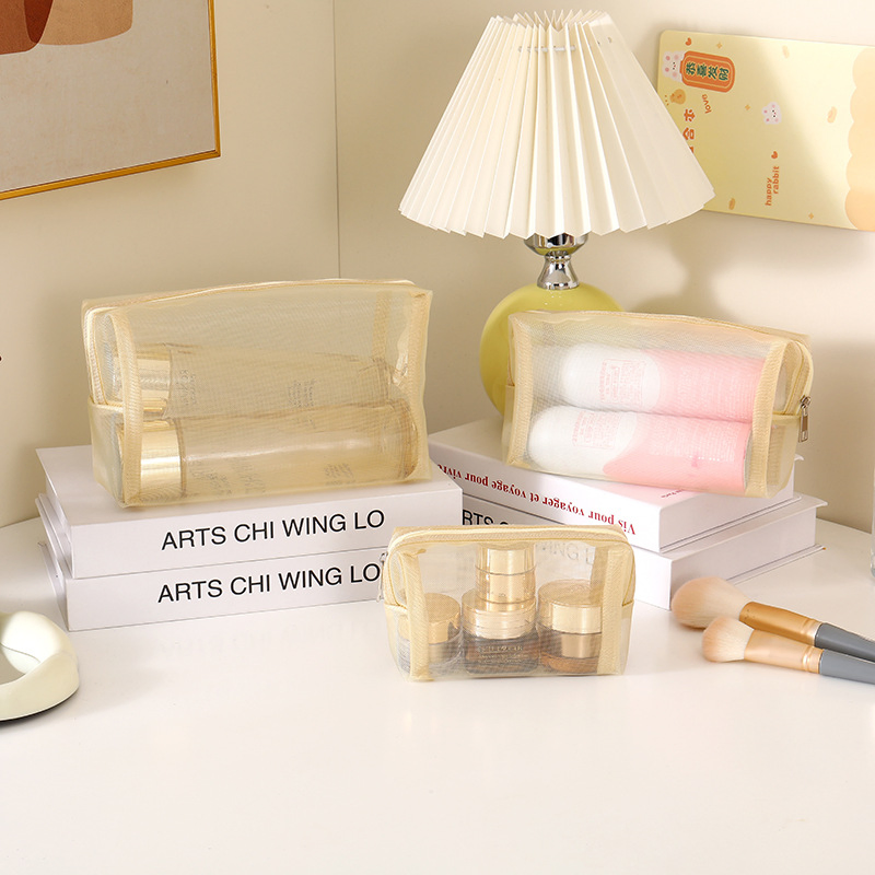 Conjunto de artículos de tocador de nylon de malla visible al por mayor, fácil de limpiar, ideal para viajes, senderismo y salidas, almacenamiento de lápices labiales, gran capacidad, bolsa de maquillaje duradera