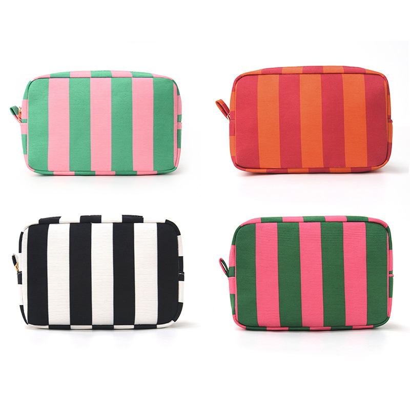 Organizador de artículos de tocador de viaje a rayas de moda, bolsa de maquillaje portátil de corduroy con bloqueo de color, OEM/ODM