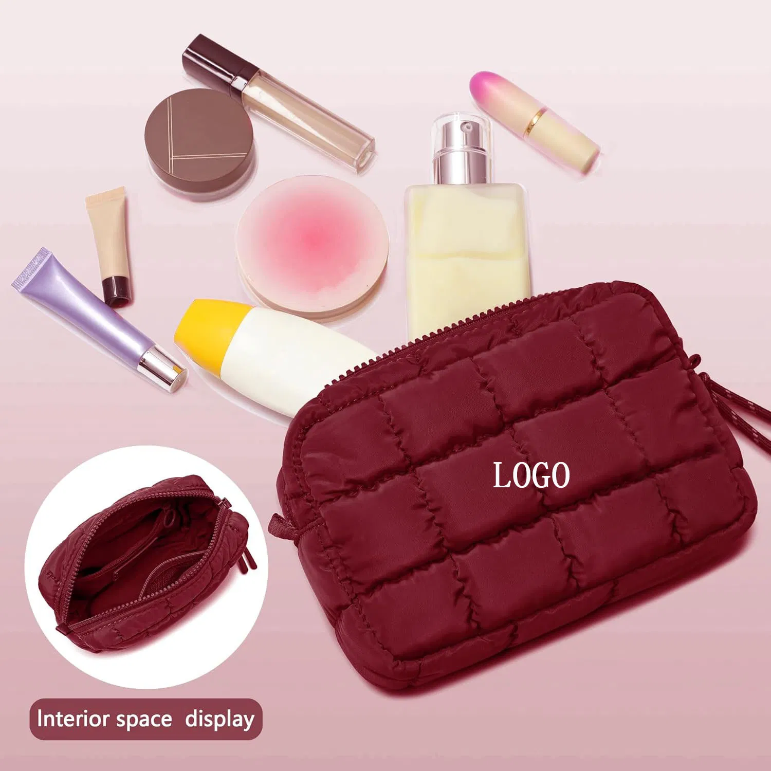 Etiqueta de promoción al por mayor, bolsa de maquillaje personalizada, suave y esponjosa, acolchada, impermeable, ligera, para almacenamiento de cosméticos y artículos de tocador, uso diario, bolsa de gran capacidad