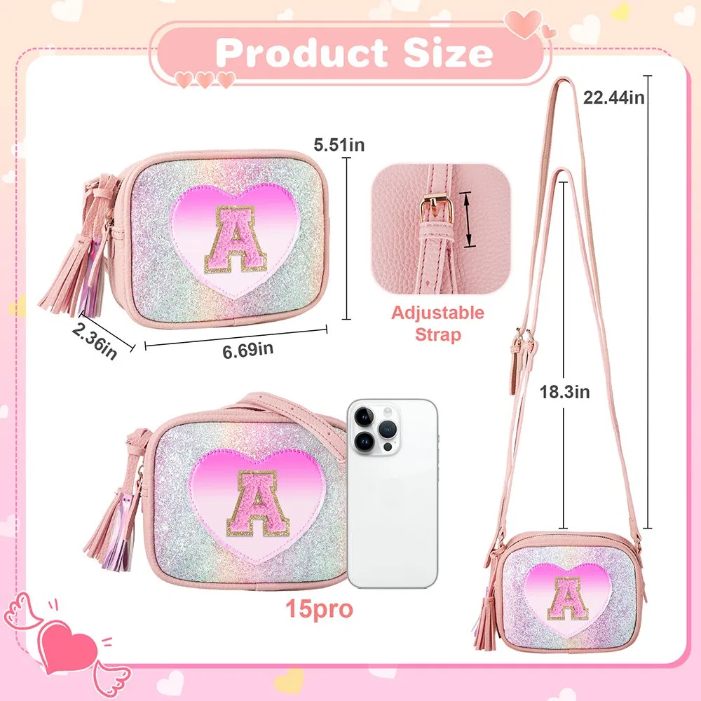 Linda pequeña bolsa cruzada de hombro con inicial, cartera en forma de corazón para niñas