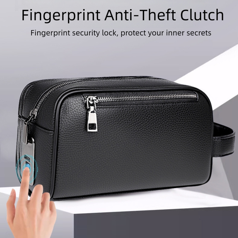 Bolso de mano de PU de gran capacidad, billetera para hombres con cierre de cremallera de huella dactilar y carga USB