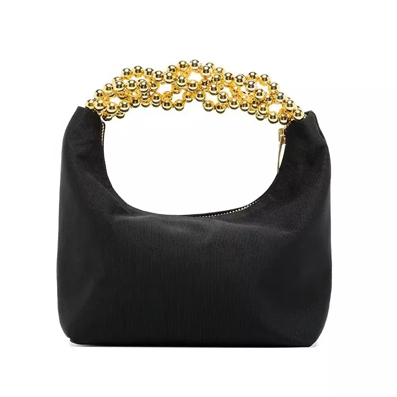 Venta Directa de Fábrica Bolso de Mano Personalizado para Damas Clutches de Mujeres Material de Satén Verde Brillo Asa de Perlas Doradas Bolsa de Noche y Bolso de Mano para Mujeres