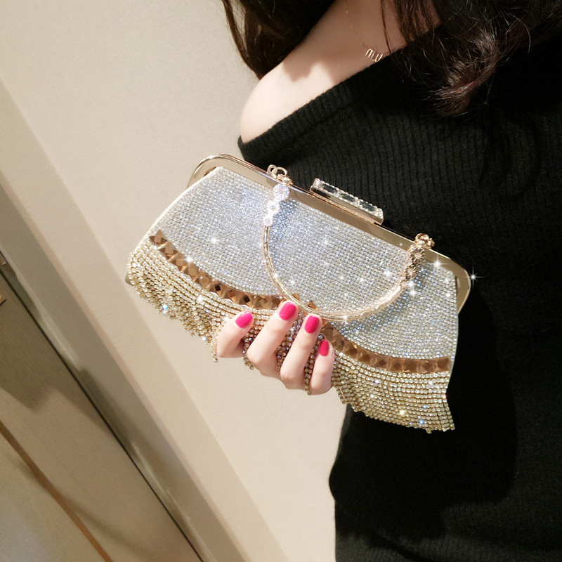 Bolso de mano de cristal hecho a mano con cuentas de oro personalizadas, perlas, diamantes, flecos, strass, para damas, fiesta, mayorista, elegante, dinero, noche