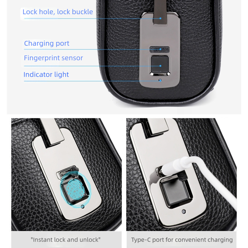 Bolso de mano de PU de gran capacidad, billetera para hombres con cierre de cremallera de huella dactilar y carga USB