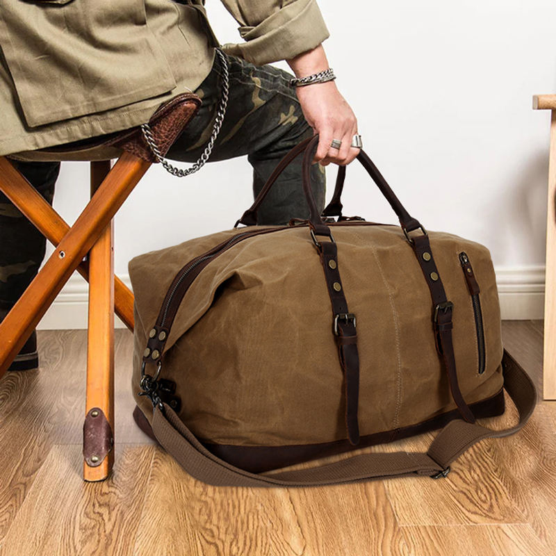 Bolsa de viaje de lona encerada personalizada grande, impermeable, para deportes, gimnasio, vintage, camping, fin de semana