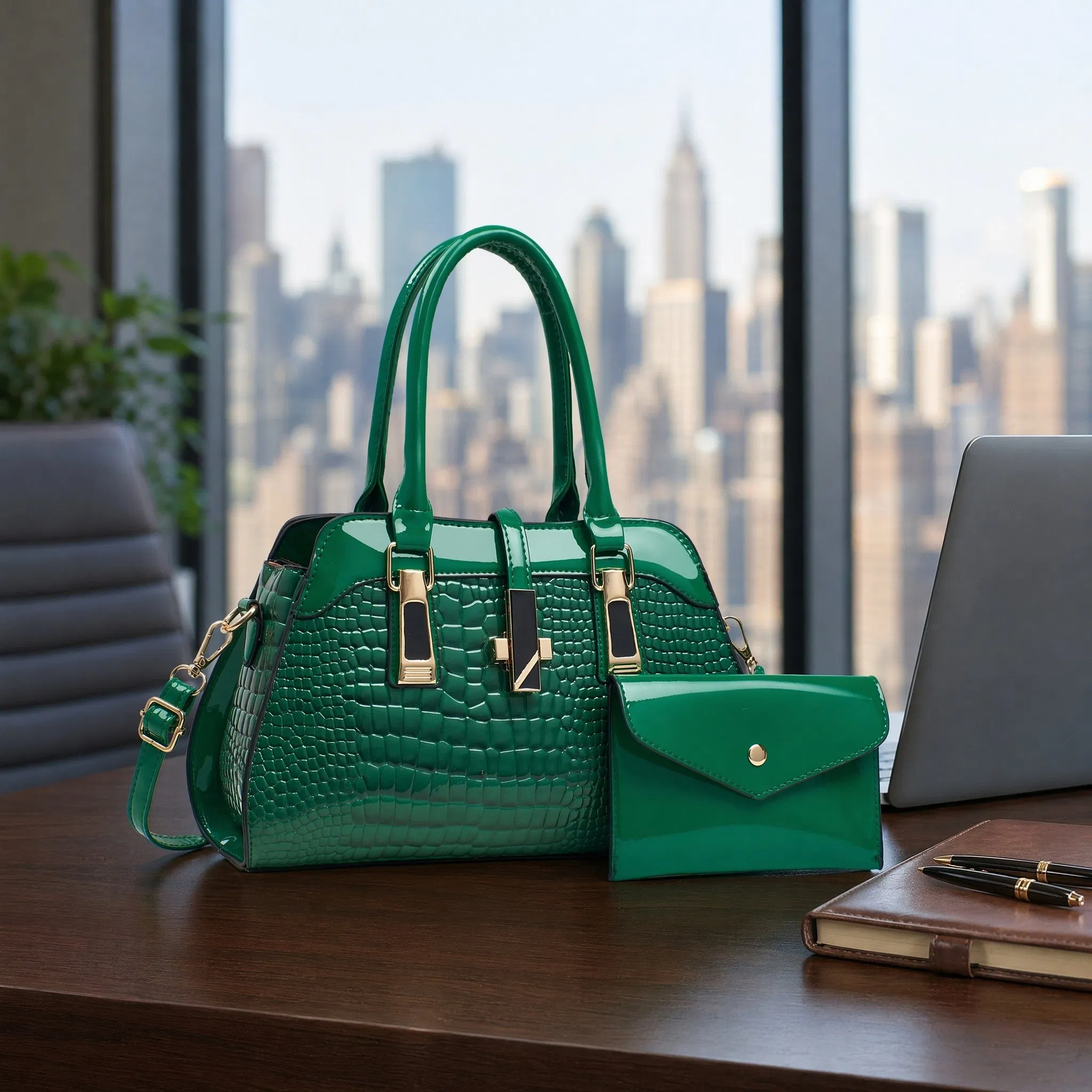 Bolso de hombro de cuero PU brillante con relieve de cocodrilo, fácil de limpiar y duradero, con pequeño monedero para reuniones de negocios y paseos urbanos