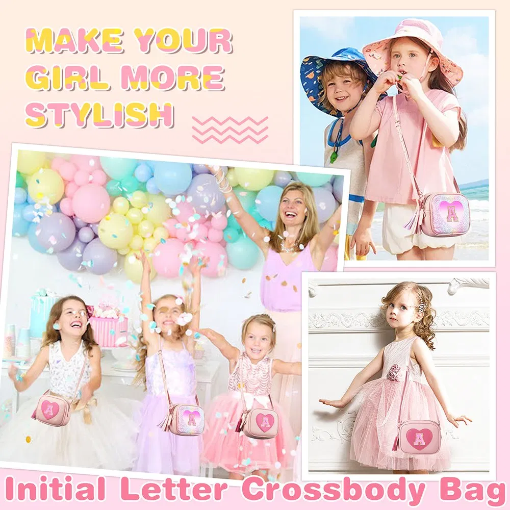 Linda pequeña bolsa cruzada de hombro con inicial, cartera en forma de corazón para niñas
