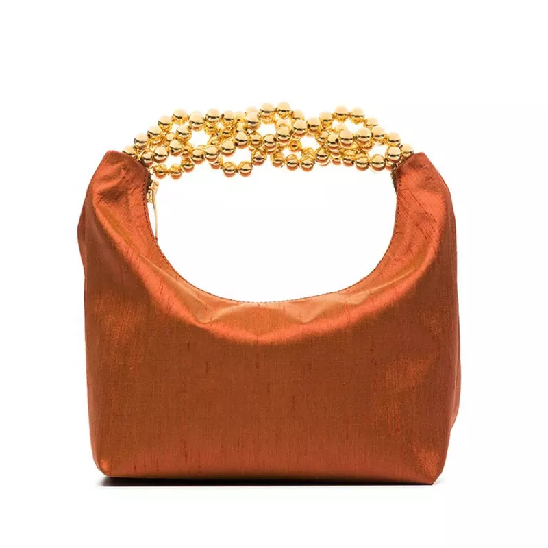 Venta Directa de Fábrica Bolso de Mano Personalizado para Damas Clutches de Mujeres Material de Satén Verde Brillo Asa de Perlas Doradas Bolsa de Noche y Bolso de Mano para Mujeres