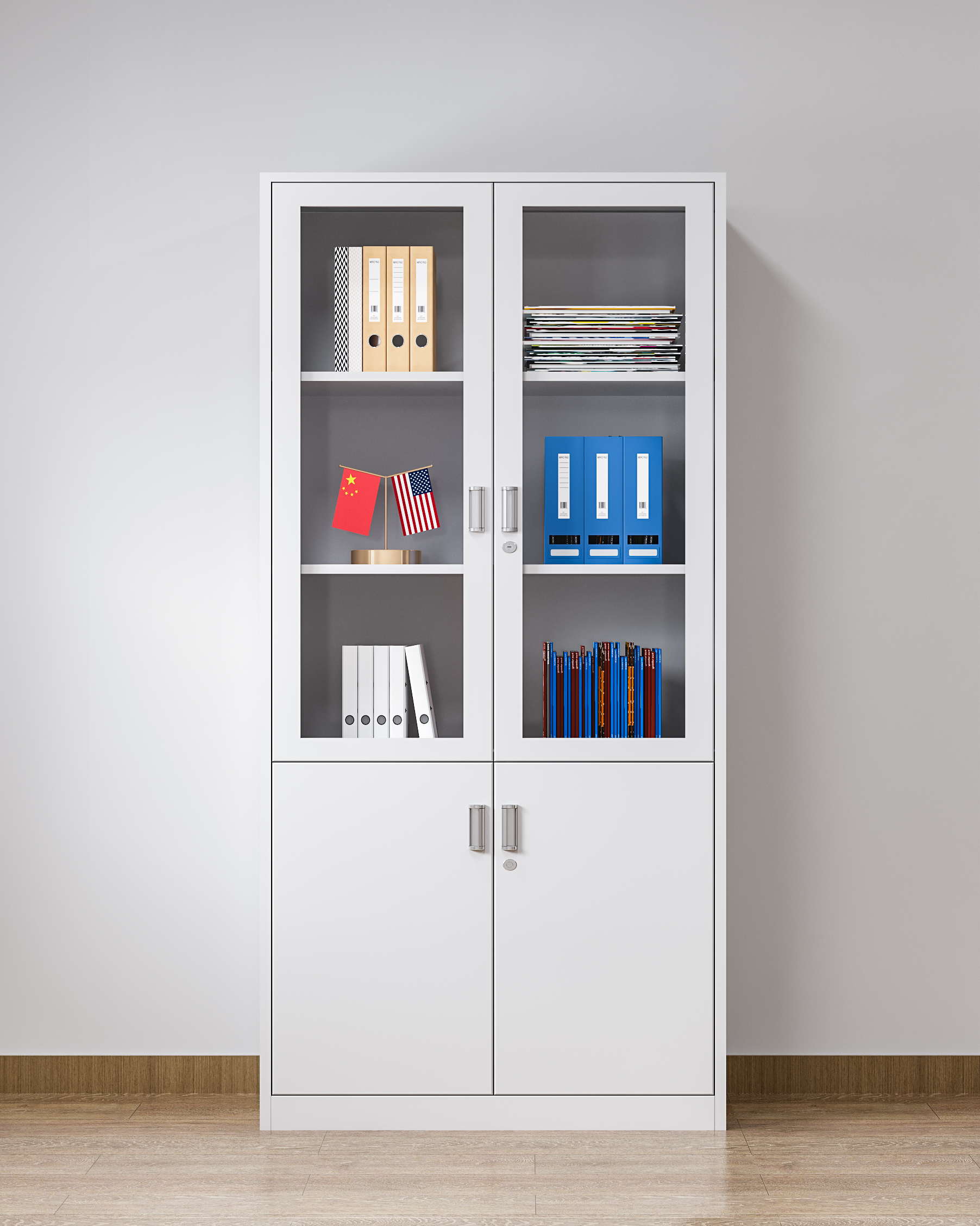 Durable Metal Storage Cabinet with Double Glass Doors for Office Filing Storage