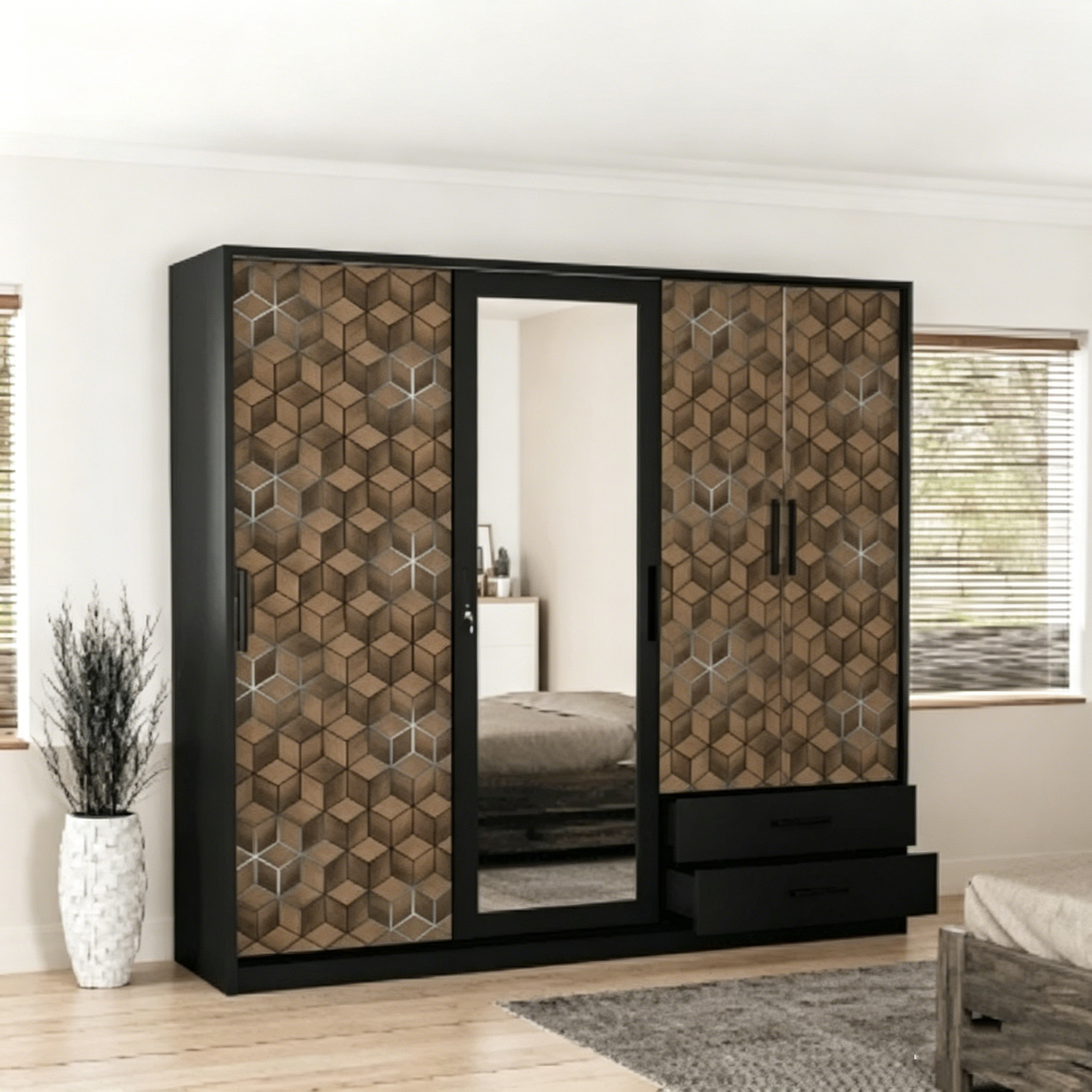 Metal Print Pattern Wardrobe Locker Cabinet Mirror Steel Closet Modern Metal Wardrobe Bedroom Sliding Door Wardrobe Almari Besi