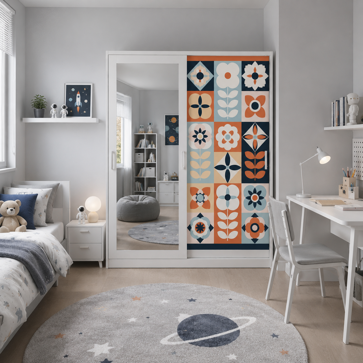 Mirror Steel Wardrobe Bedroom Steel Sliding Door Closet Modern Clothes Cabinet Iron Printed Pattern Wardrobe Almari Pakaian Besi