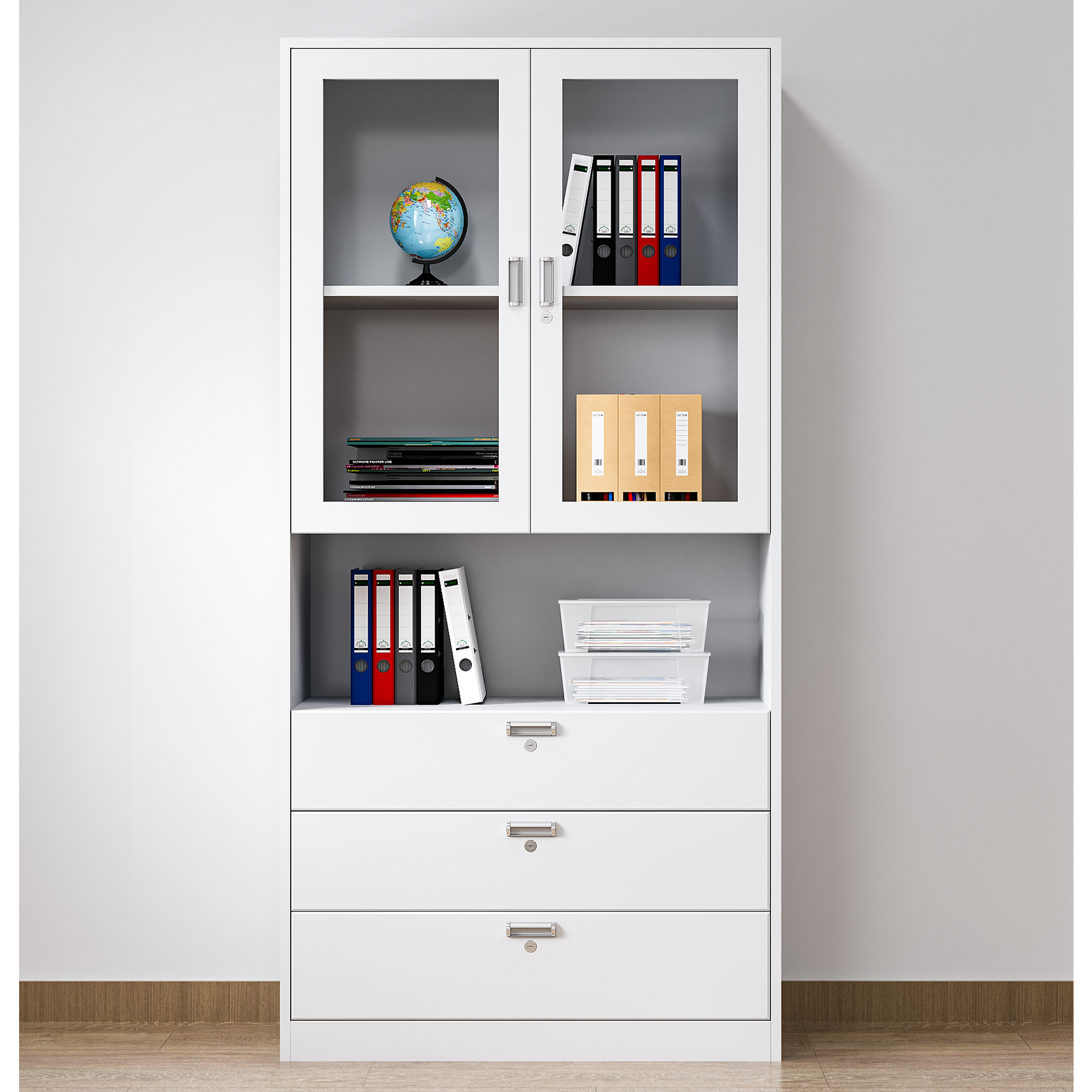 Environmentally Friendly Steel Office Filing Cabinet with 900-wide Glass Display Archive Drawer Cabinet