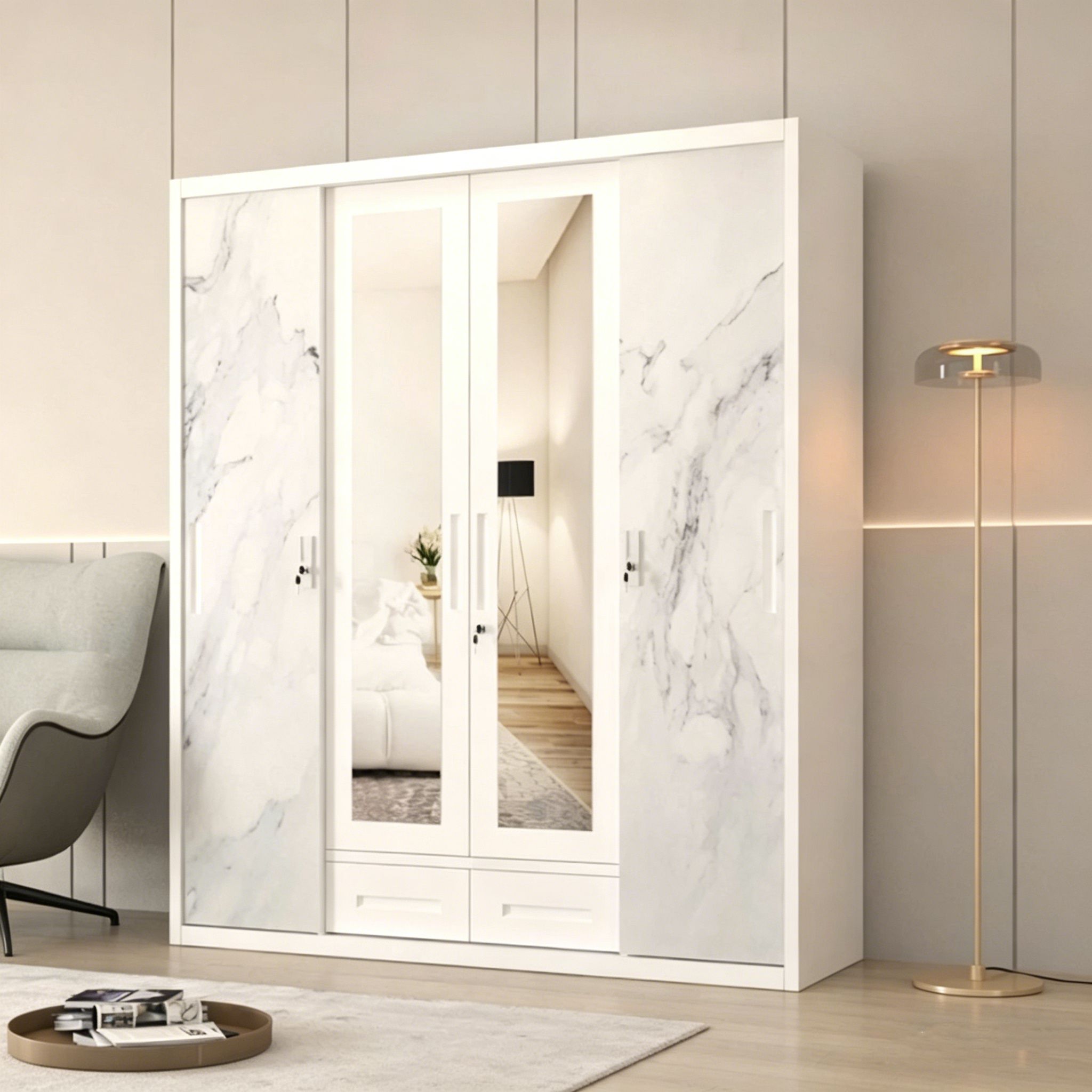 Metal Printed Closet Wardrobe Sliding Door Steel Wardrobe Steel Wardrobe Metal Wardrobe Locker Besi With Decorative Mirror