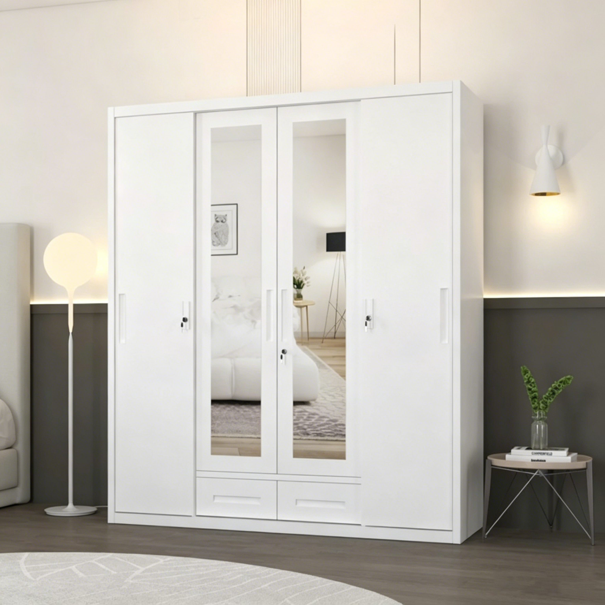 Mirror Printed Steel Closet Cabinet Wardrobe Sliding Doors Closet Wardrobe Metal Wardrobe Steel Wardrobe Malaysia with Lock