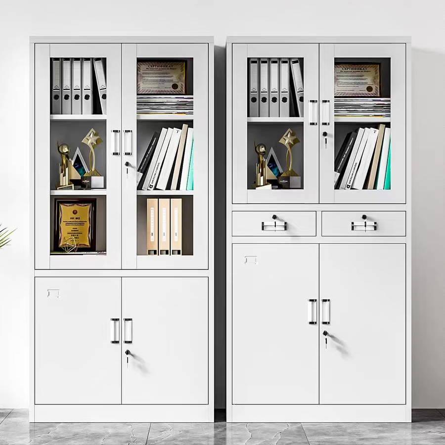 Durable Metal Storage Cabinet with Double Glass Doors for Office Filing Storage