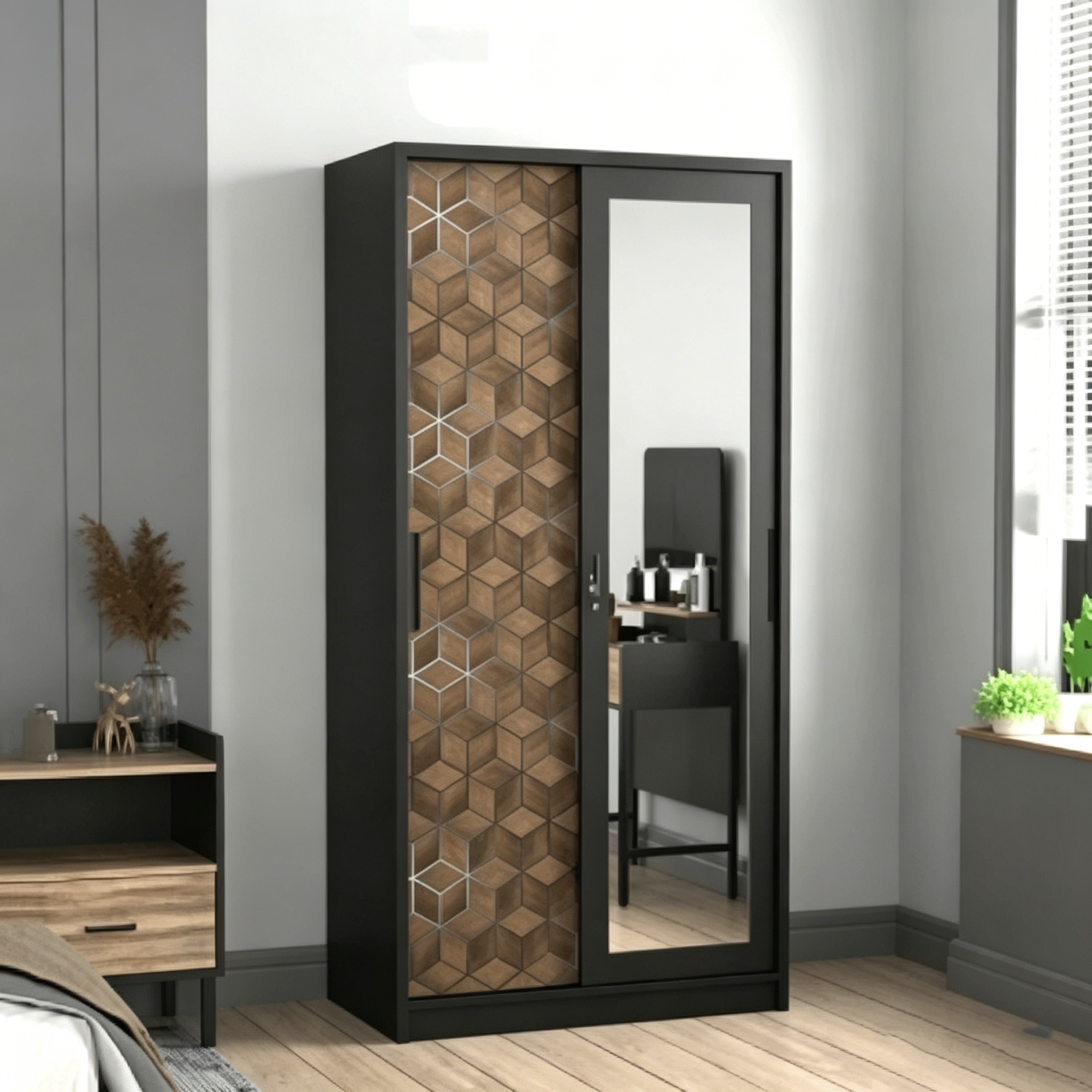 Bedroom Steel Wardrobe Print Pattern Steel Closet Cabinet Iron Wardrobe Dressing Room Steel Locker Lemari Besi With Mirror
