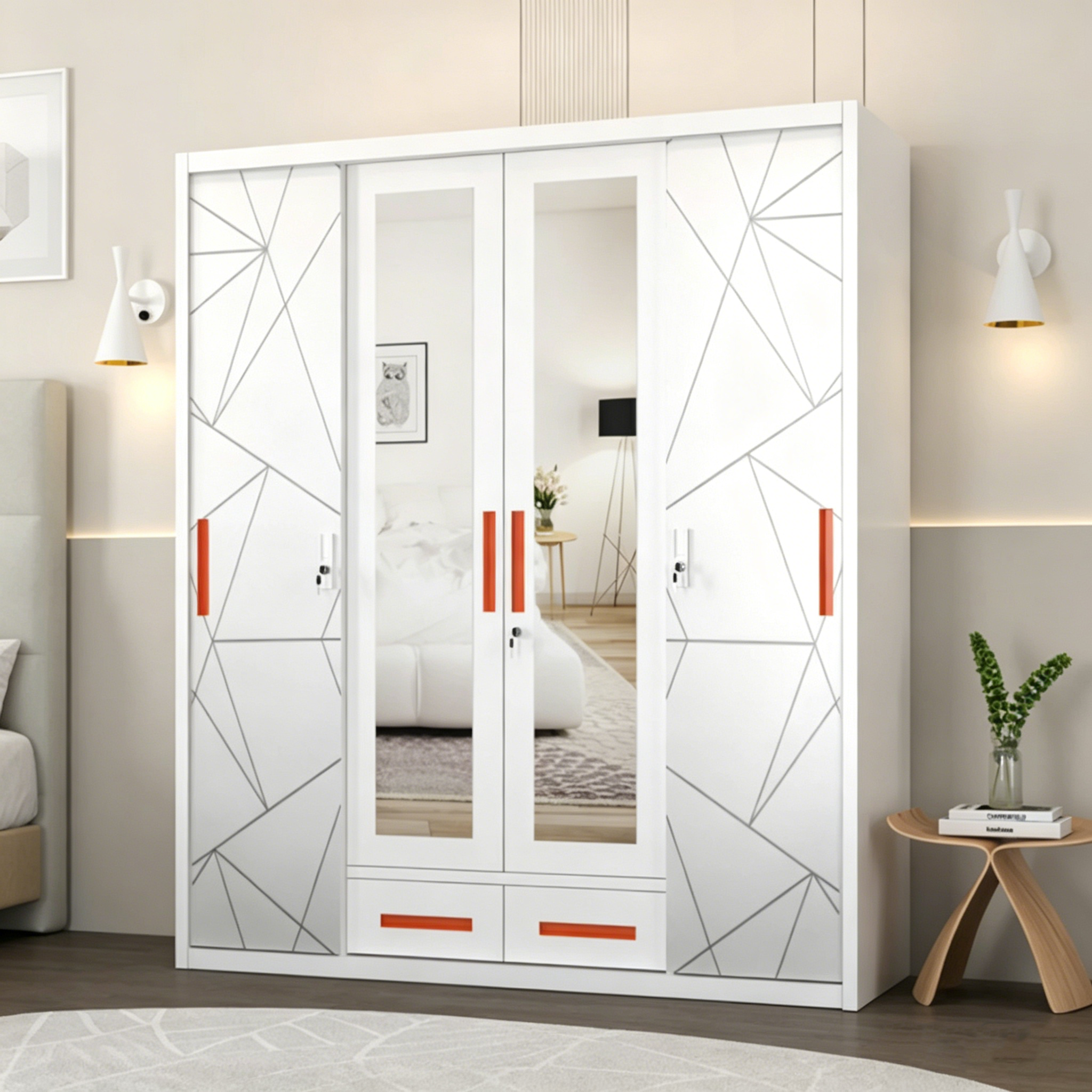 Metal Print Pattern Wardrobe Locker Cabinet Mirror Steel Closet Modern Metal Wardrobe Bedroom Sliding Door Wardrobe Almari Besi