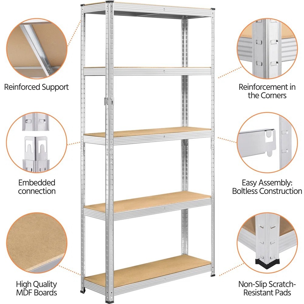 Adjustable Home 5-Tier Light Duty  Racks Metal Microwave Oven Rack Galvanized Shelf 175kg Garage Storage Shelf for Warehouse