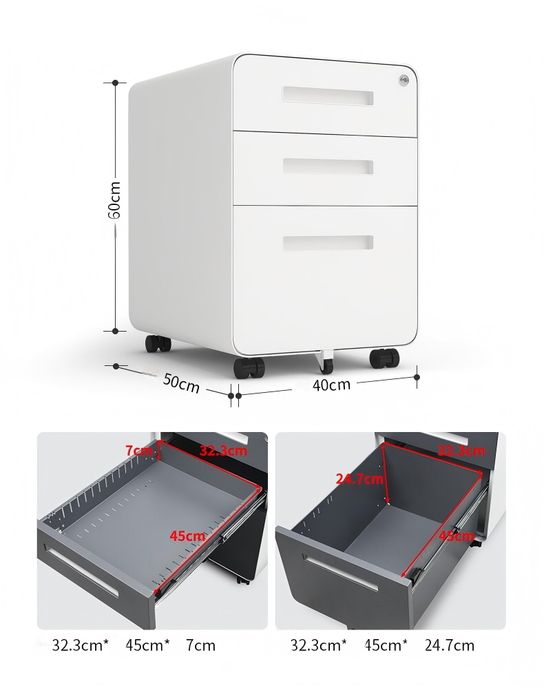 Modern 3-Drawer Mobile Pedestal File Cabinet Office School Under Desk Storage Cabinet Metal Mobile Filing Cabinet with Key Lock
