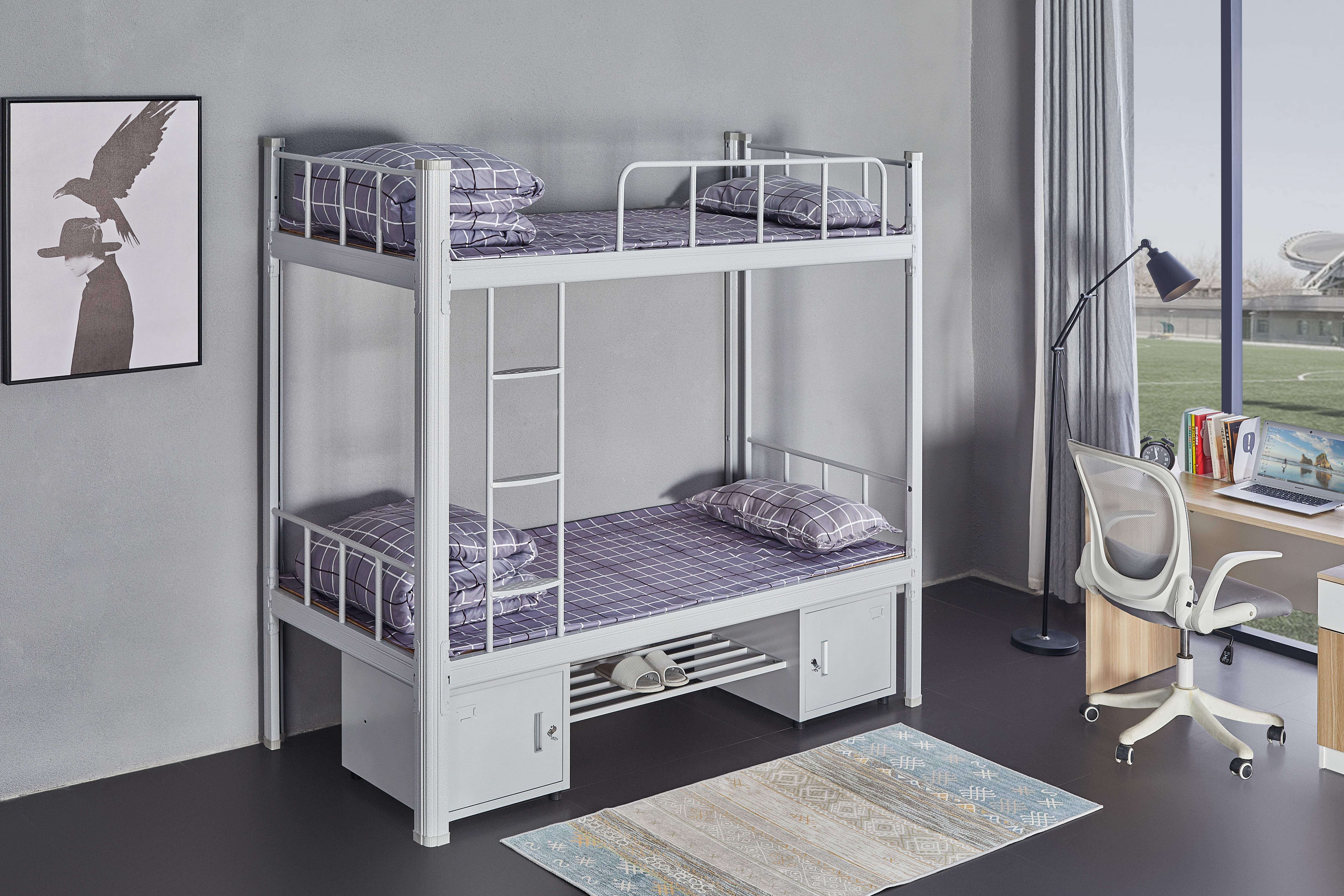 Modern Metal Bunk Bed for School Dormitory Use Twin Over Full Size with Ladders and Sturdy Guard Rail KD Structure