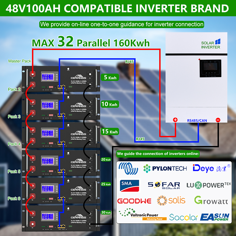 10 Year Warranty 19 Inches 51.2V 100Ah 32pcs Parallel 5KWH-160KWH Rack Power Container Solar 48V LiFePO4 Home Storage Battery