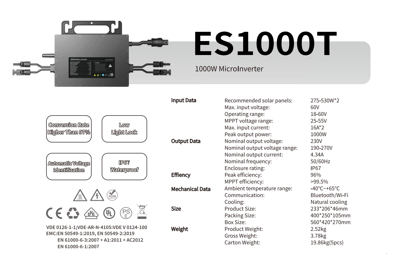1KW Grid-tie Connected Micro Inverter PV Photovoltaic Inverter Hybrid Solar Inverter For Home Household Balcony Power Plant