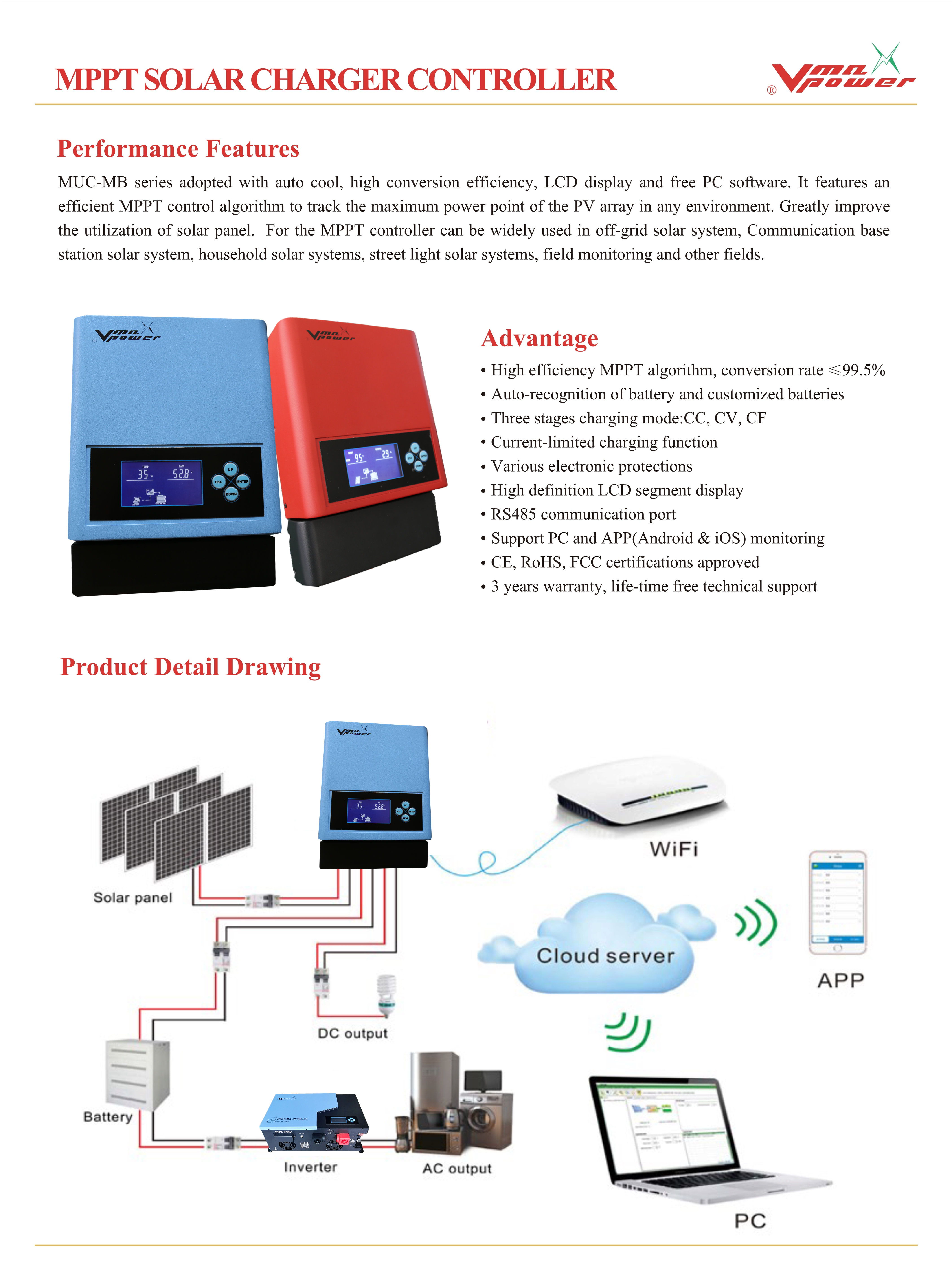 DC 12V/24V/36V/48V MPPT 40A/60A/80A/100A/120A Optional MPPT Solar Charge Controller 60A for Solar Power System