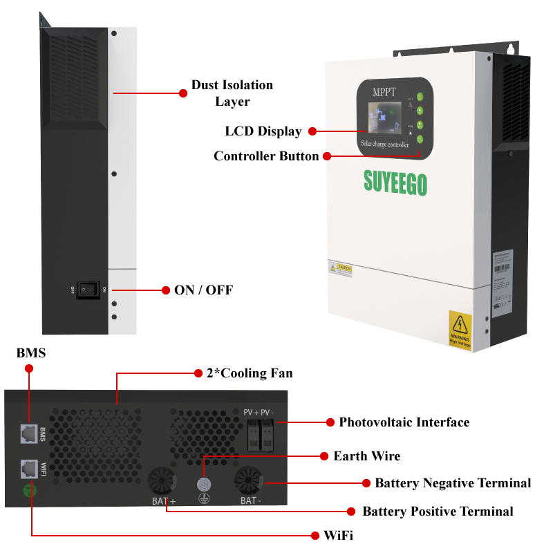SUYEEGO 120A PV 500V 6500W Built-in Wifi Communication Port Input 18A 48V MPPT Solar Charge Controller with ON/OFF Button
