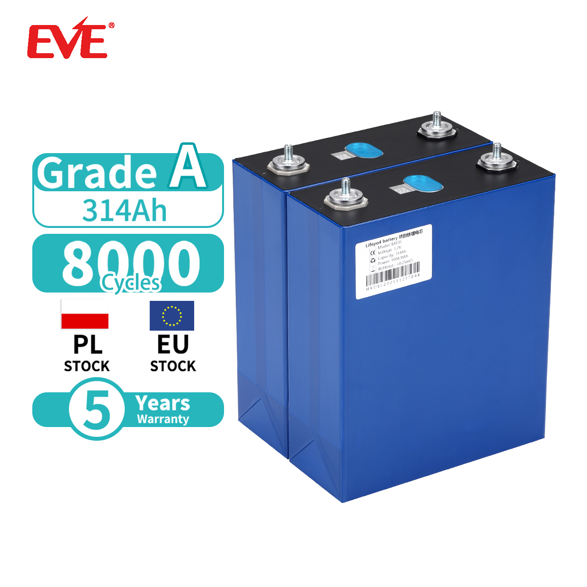 Beiersite EU Stock Free Shipping Lifepo4 EVE 3.2V 280Ah 314Ah Lithium Ion Battery Prismatic Cells For Home Solar Energy Storage