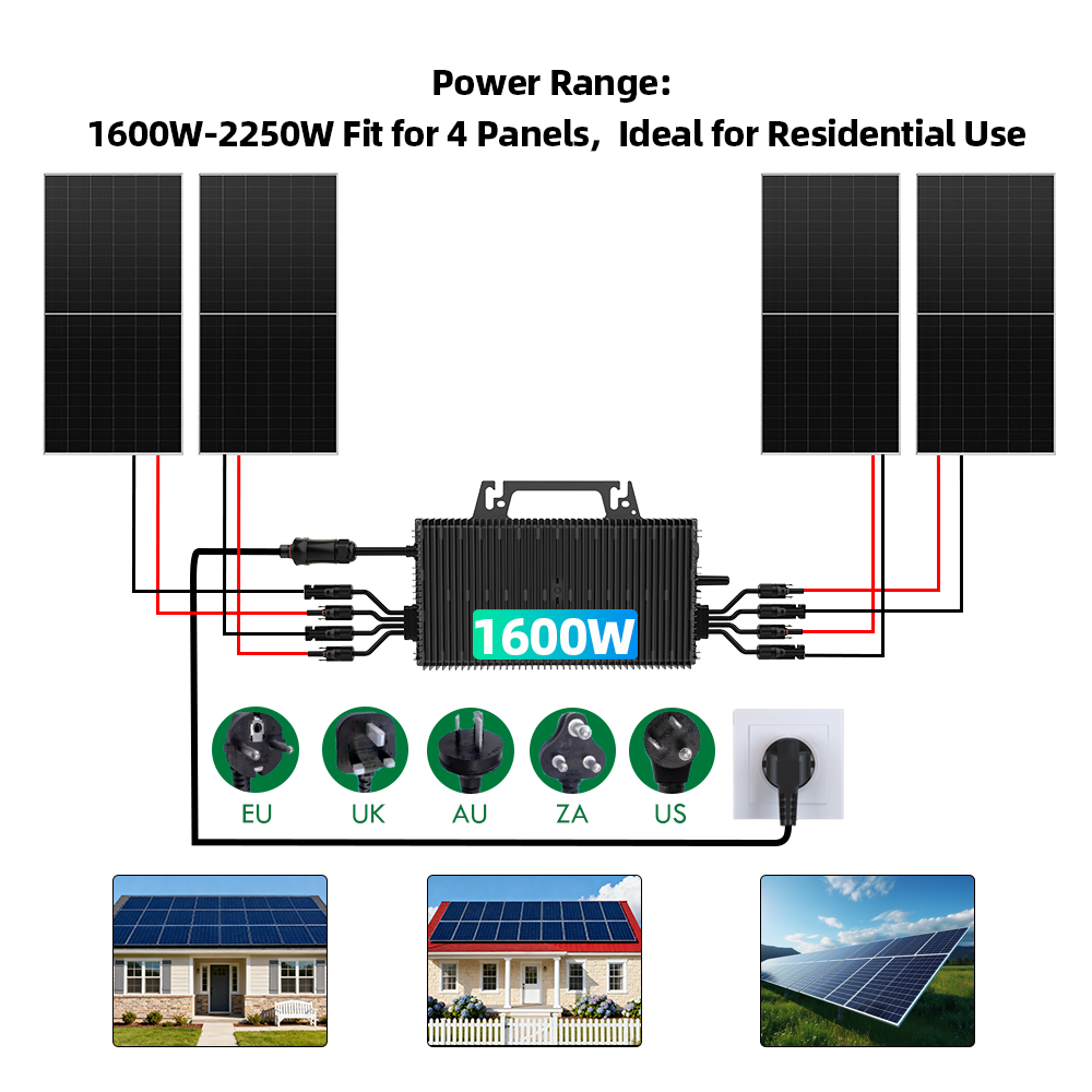 Balcony PV Grid-Tie Solar Microinverter 1600W for Four Solar Panels IP67 Rating 230VAC Output Single Pure Sine Wave 5M Cable