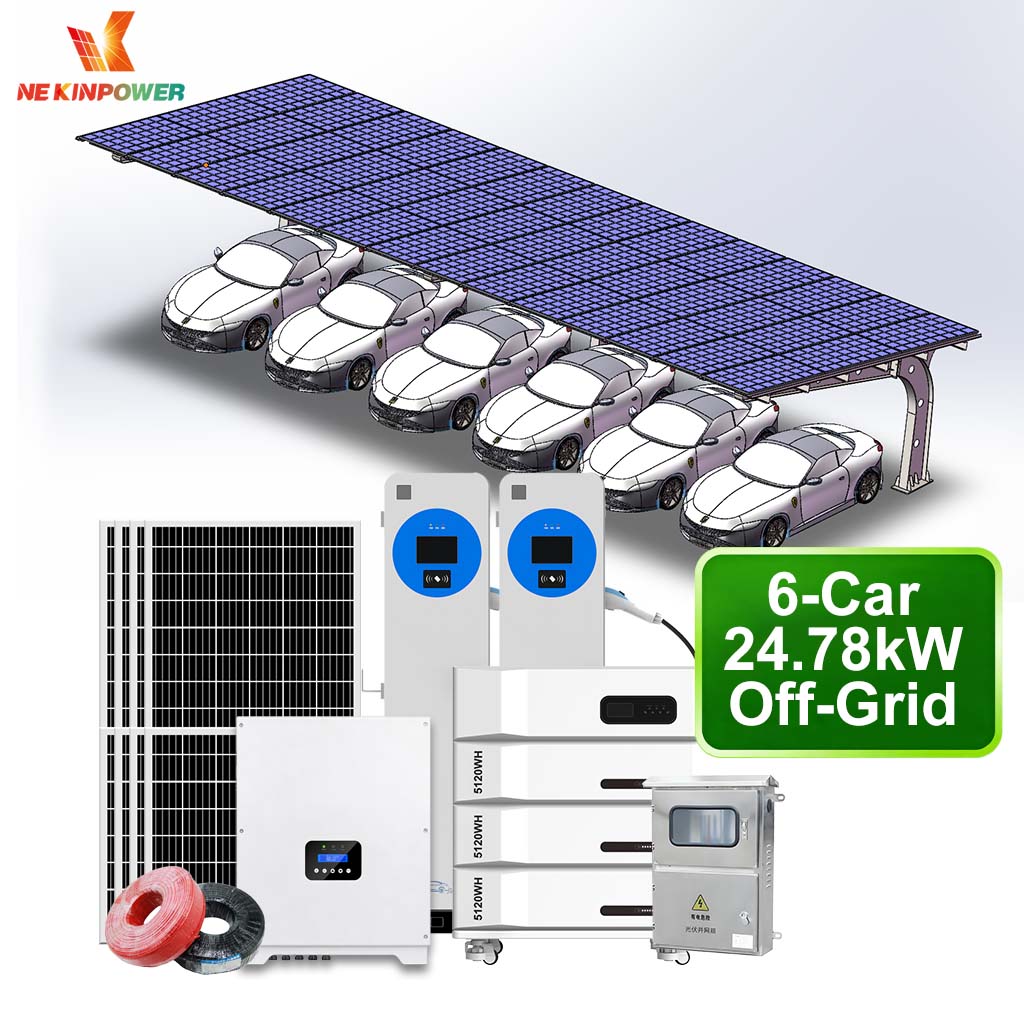 6 Car Off Grid Solar Carport System 24.78KW Panels 32KWh Battery for Sustainable Living