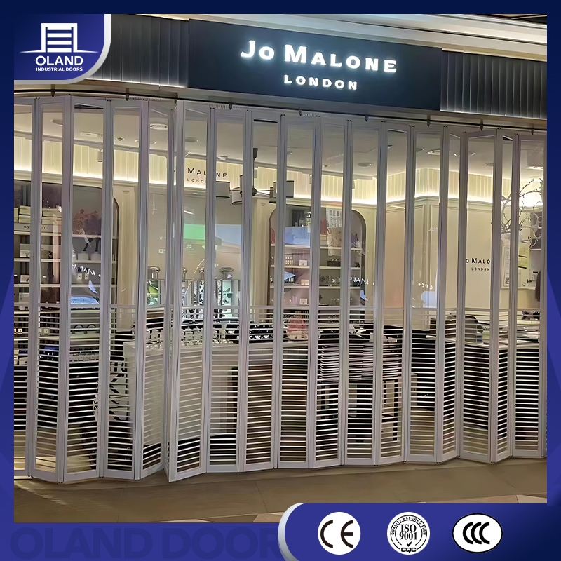 Commercial Aluminum Crystal Transparent Clear Full View PC Horizontal Accordion Folding Sliding Door for Shopfront Store Front Shopping Mall