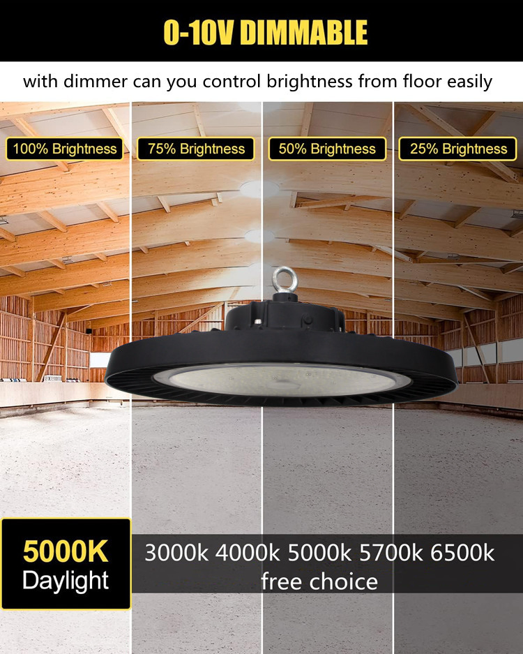 UFO 250 300 Watt U Bracket Surface Mounted High Bay Luminaria Circular DMX Dimmable LED Highbay ETL UL cUL Listed Non Line Voltage 100-277 V 90 Degrees Angle