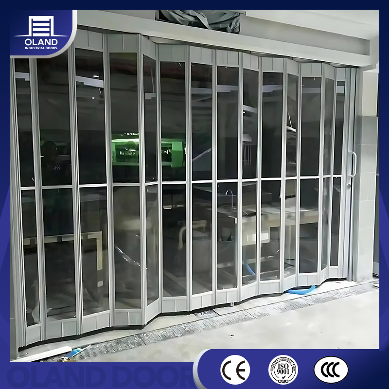 Commercial Aluminum Curved Crystal Transparent Clear Full View PC Horizontal Accordion Folding Sliding Door for Shopfront Store Front Shopping Mall