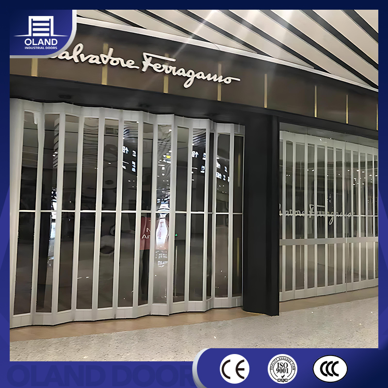 Transparent Polycarbonate Shopping Mall Store Front Sliding Open Aluminum Security Folding Patio Door Shopfront Folding Grille Door