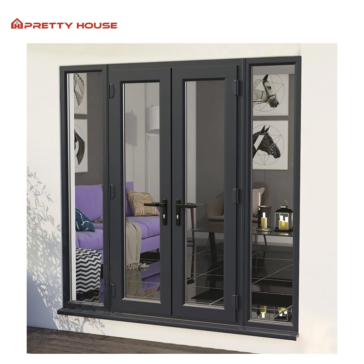 Black Aluminum Frame Balcony French Door Double Glazing Casement Doors for House